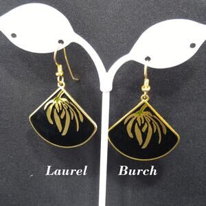 Laurel Burch Floral Earrings, Gold Plating, Black Enamel, Willow Fan, 1980s